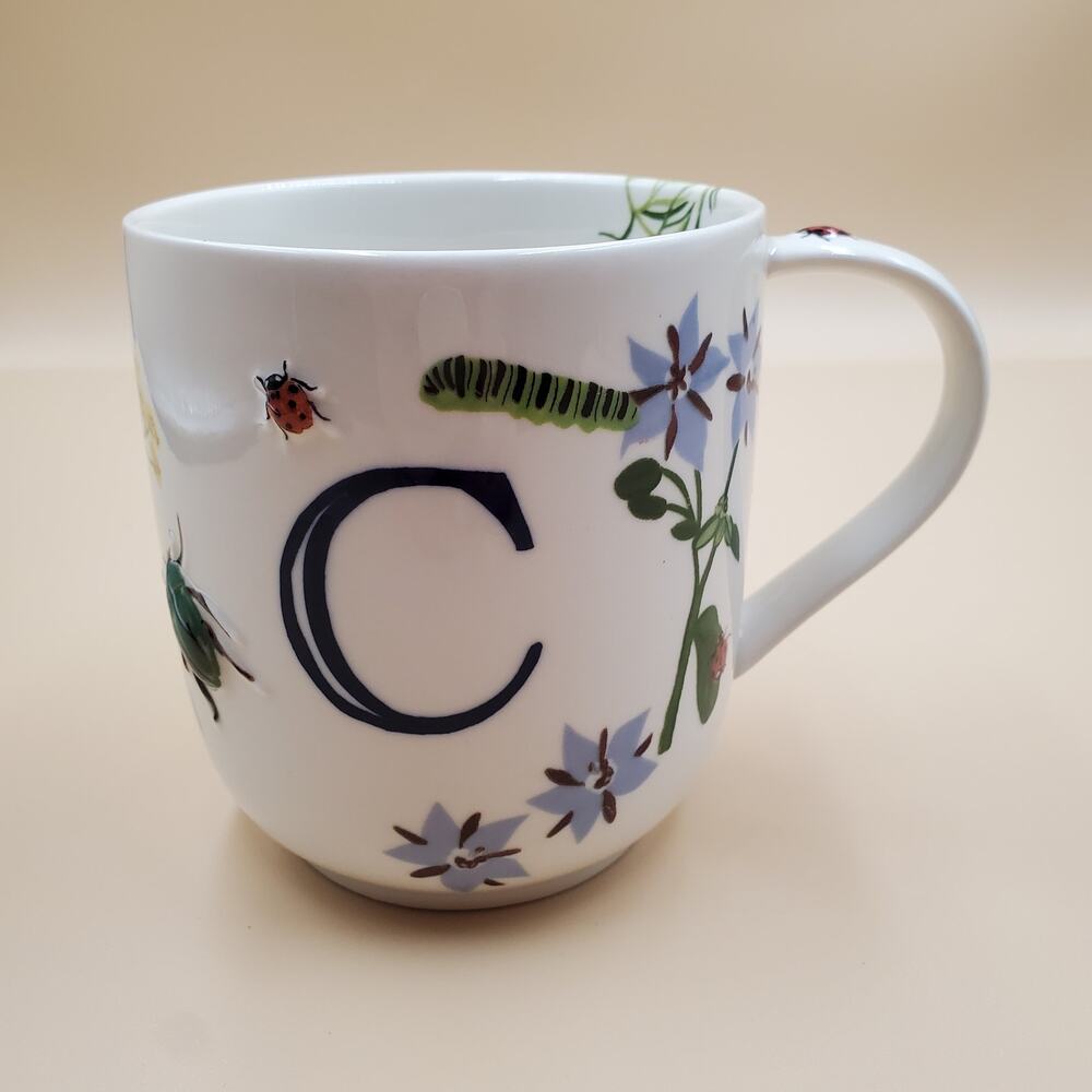 Anthropologie Mug Monogram Letter C Floral Beetles Ladybug Bugs Caterpillar